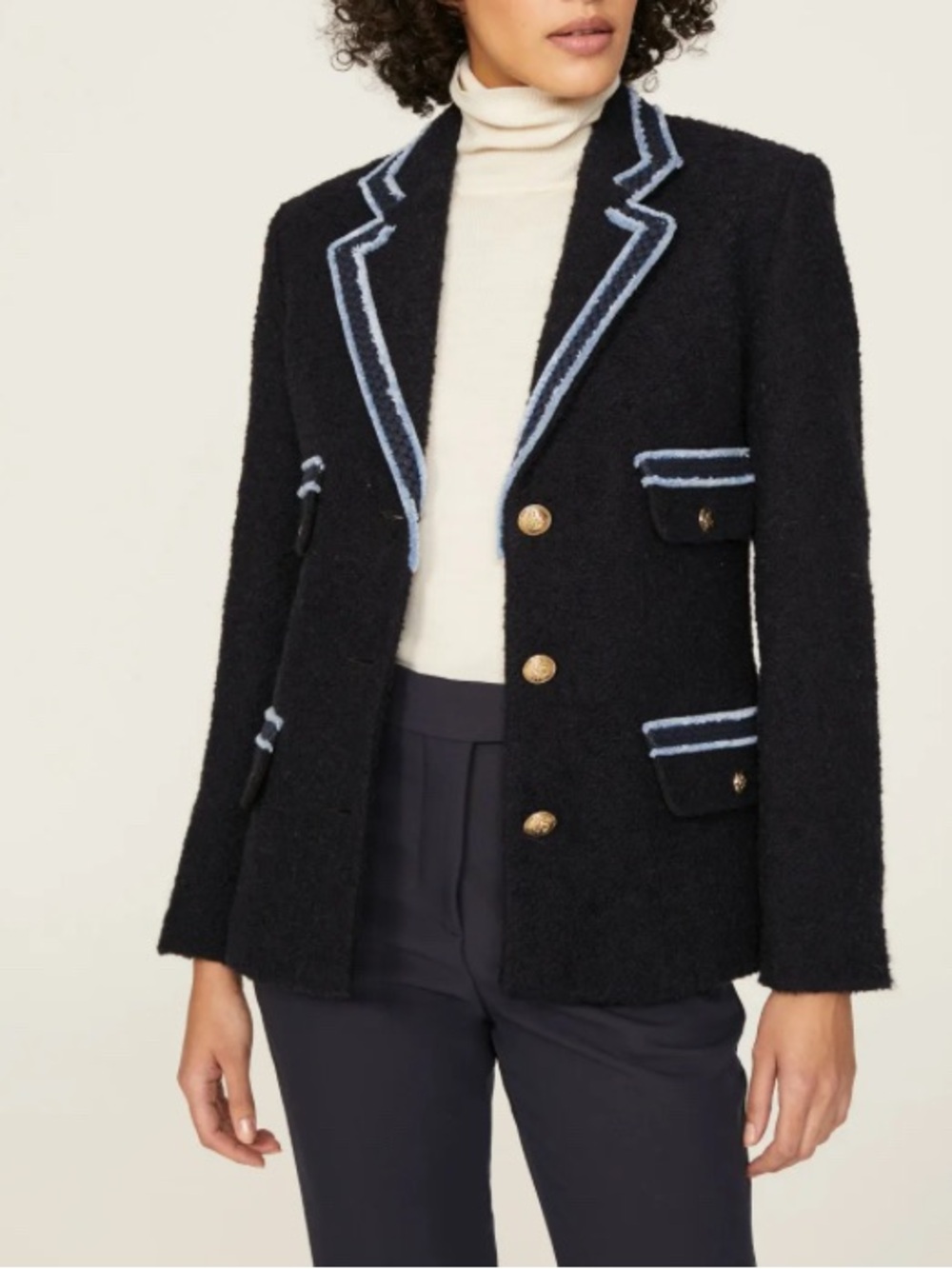 Sandro Noella navy blue tweed Blazer with Light Blue Trim